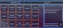 a screenshot of a game that says " sort by a-z " at the top