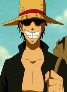 a man wearing a straw hat and sunglasses is smiling and holding a bag