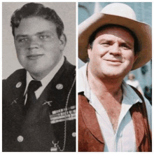 a black and white photo of a man in a military uniform and a cowboy hat .