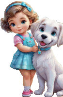 a little girl standing next to a white dog