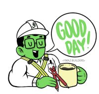 a cartoon of a man holding a cup of coffee and a compass with a speech bubble saying good day