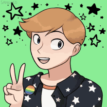 a drawing of a boy giving a peace sign with stars around him