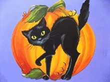 a black cat is standing on a pumpkin with leaves