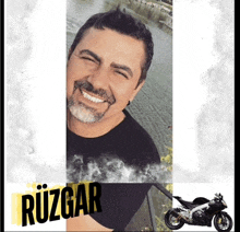 a picture of a man and a motorcycle with the name ruzgar