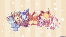 a group of eevees are lined up in a row on a striped background