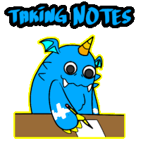 a blue monster is writing on a piece of paper with the words " taking notes " below it