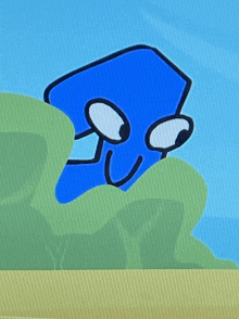 a cartoon drawing of a blue object with its mouth open