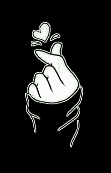 a drawing of a hand making a heart with its fingers on a black background .