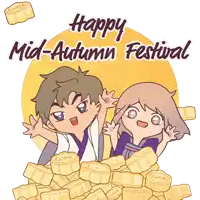 a boy and a girl are standing in front of a pile of cuhk cakes