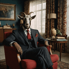 a man in a suit and tie with a goat head on his head