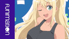 a poster for funimation shows a blonde girl with green eyes