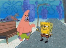 spongebob and patrick are standing next to each other on a sidewalk