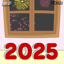 a cartoon drawing of a window with fireworks and the year 2025