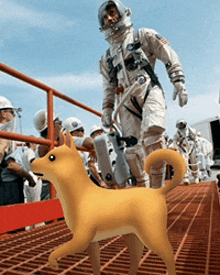 a man in a space suit is standing next to a dog