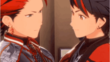 two anime characters are standing next to each other and looking at each other in a room .