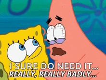 a cartoon of spongebob and patrick that says i sure do need it really really badly