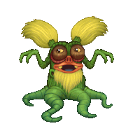 a green and yellow cartoon character with a beard and big eyes