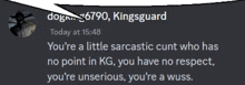 a screenshot of a discord conversation between dogn6790 and kingguard