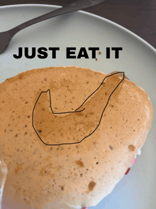 a pancake on a plate with the words just eat it