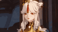 a girl with long white hair and red eyes is standing in a dark room