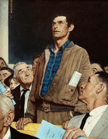 a painting by norman rockwell shows a man standing in front of a group of people