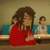 a pixel art drawing of a girl in a red hoodie