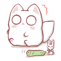 a cartoon drawing of a white cat eating a cucumber next to a stuffed rabbit