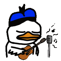 a drawing of a duck with a blue hat playing a guitar