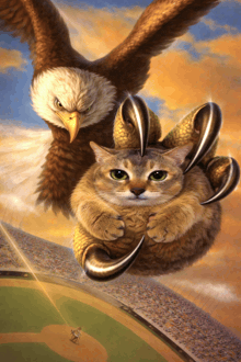 a painting of an eagle holding a cat with sharp claws over a baseball field
