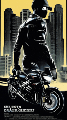 a movie poster for eni bota drack cuediu shows a man on a motorcycle