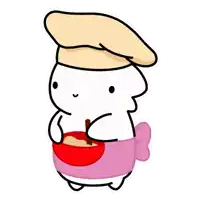 a cartoon character wearing a chef 's hat is holding a red bowl of food