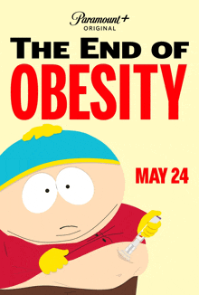 a poster for the end of obesity with a cartoon character holding a syringe