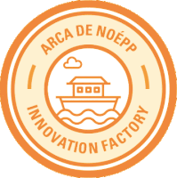 a logo for arca de noepp innovation factory with a boat in the middle