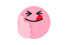 a pink smiley face with a red tongue sticking out and a thumbs up .