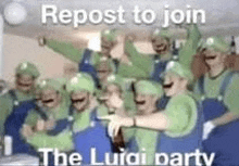 a group of people dressed as luigi are standing around a table and laughing .