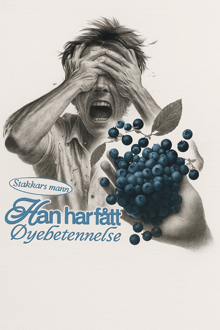 a drawing of a man covering his eyes while holding a bunch of blueberries by stakkars mann