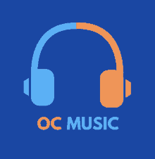 a blue and orange logo for oc music with headphones