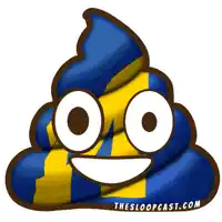 a blue and yellow poop with a smiling face and the website theloopcast.com underneath it