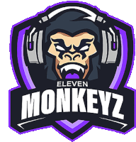 a logo for eleven monkeyz has a gorilla wearing headphones