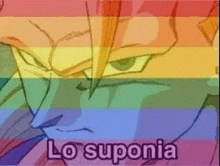 a cartoon character with a rainbow flag in the background and the words lo suponia on the bottom .