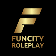 a logo for funcity roleplay with a gold f on a black background