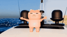 a cartoon bear is standing on the side of a boat