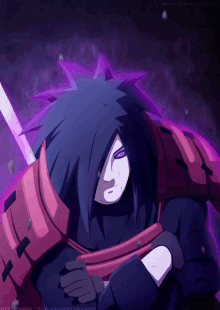 a purple haired anime character is holding a sword with the website http://mega-uchiha.deviantart.com at the bottom