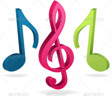 a pink treble clef sits next to a blue and green music note