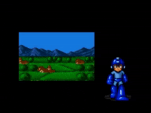 a video game character standing in a field with mountains in the background .