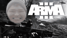 a boy is holding a rifle in front of the word arma