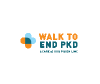 a logo for walk to end pkd with a blue and orange cross