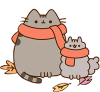 two cartoon cats wearing scarves are standing next to each other .