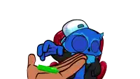 a cartoon drawing of a blue cat wearing a hat and holding a green object