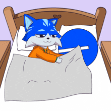 a cartoon drawing of a cat sleeping in a bed with a blue letter g on the pillow